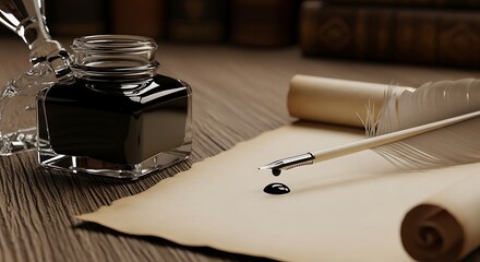 Inkwell, Quill, and Aged Paper - A Vintage Writing Scene.