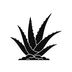 Silhouette of aloe vera plant with serrated leaves growing from soil on a white background. EPS 10.