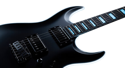 Obraz premium A sleek, dark electric guitar with glowing blue inlays and chrome pickups, bathed in luminous blue-white rim light against a pure black background, highlighting curves and detail, concept of musical