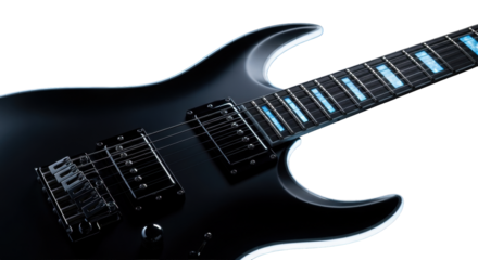 A sleek, dark electric guitar with glowing blue inlays and chrome pickups, bathed in luminous blue-white rim light against a pure black background, highlighting curves and detail, concept of musical
