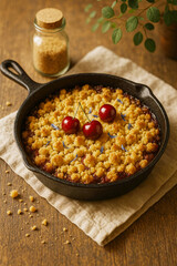 Delicious cherry crumble dessert baked in a rustic cast iron skillet