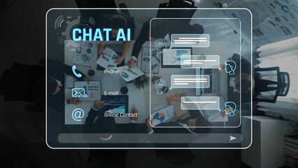 Vibrant office scene showcasing professionals collaborating using laptops and engaging with an innovative AI chat interface for communication and strategy development. Raster