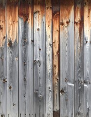 Aged vertical wooden planks exhibit a weathered gray and brown color palette, with visible wood grain and knots.