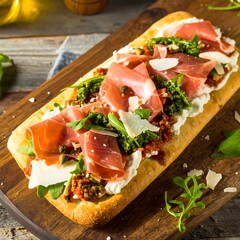 Flatbread topped with prosciutto, ricotta, arugula, and parmesan