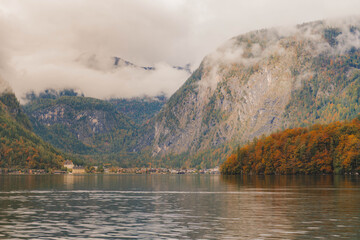 lake and mountains on a cloudy autumn day