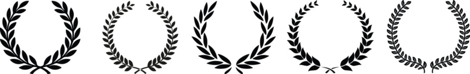 Laurel wreath collection vector set. Classic Roman Greek victory laurel branches, black olive leaf garlands, award emblem elements, elegant prestige heraldic symbol bundle for logo badge label design