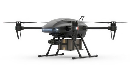 High-tech quadcopter drone with advanced camera gimbal for aerial photography and surveillance applications isolated on white background