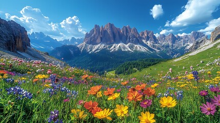Colorful alpine meadow with mountains