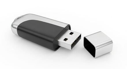 Sleek usb flash drive with detachable cap for digital data storage and portable transfer isolated on white background