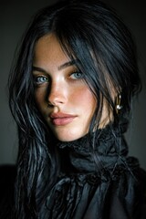 Fototapeta premium Portrait of Woman with Dark Hair and Blue Eyes: Soft Natural Light, Direct Gaze, Black High Neck, Subtle Makeup