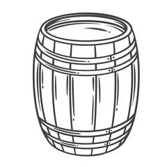 Classic wooden wine barrel with curved staves and metal hoops in doodle engraving style. Outline vector illustration for vineyard decor, cellar design, or alcohol packaging.