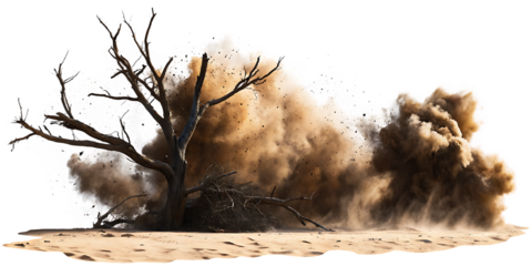 Dust cloud explosion with tree branches isolated on white background