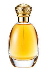 Elegant glass perfume bottle with golden cap and amber liquid