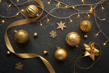 Golden Christmas Decorations: A top-down shot presents an artful arrangement of shimmering gold ornaments, intricate snowflakes, and festive string lights.