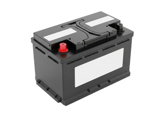 A new 12V car battery, matte black casing, red positive and black negative terminals, blank white labels, against a transparent background with copy space. Concept of automotive power readiness.