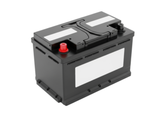 A new 12V car battery, matte black casing, red positive and black negative terminals, blank white labels, against a transparent background with copy space. Concept of automotive power readiness.