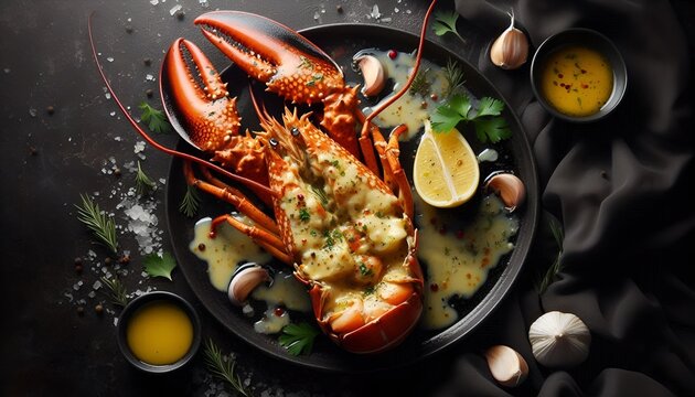 Premium grilled lobster with cheese sauce, a luxurious and high end seafood dish perfect for exclusive restaurant menus, advertising, and branding that emphasize exceptional quality and sophistication