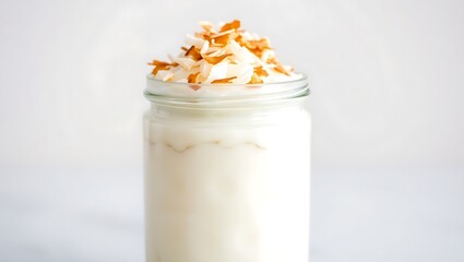 A mason jar filled with a white liquid and topped with toasted coconut flakes isolated on white background pudding