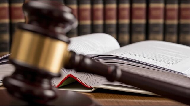 A gavel rests on a table in front of an open law book, with a bookshelf filled with legal volumes in the background.