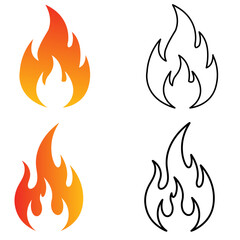 Set Of Four Fire Flame Icons In Color And Outline Styles On White Background Keywords: fire, flame, icon, set, collection, symbol, heat, hot, energy, burn, burning, ignition, combustion, danger