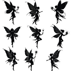 Set of fairy silhouettes with wings and magical accessories on a white background. EPS 10.