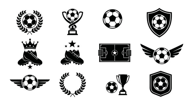 Digital collection of monochrome soccer sport icons, this graphic football emblem set features trophy, shield, and ball symbols for team logo design.
