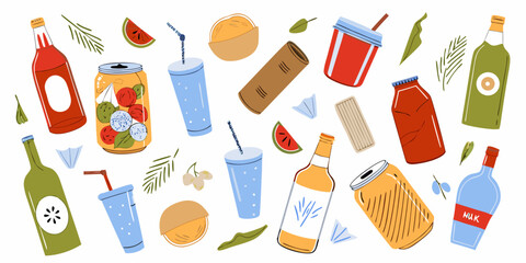 A colorful flat-style illustration of drinks. Healthy eating concept. Vector illustration.