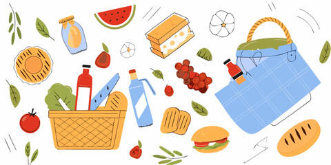 A colorful flat-style illustration of picnic foods. Healthy eating concept. Vector illustration.