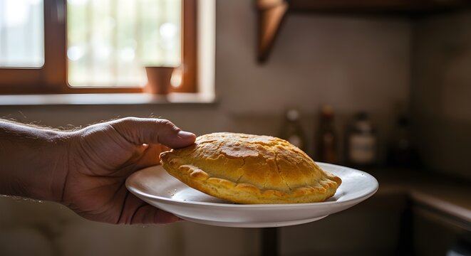 Close-up of a hand picking a delicious chipa from a wooden table.