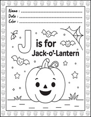 Halloween ABC Alphabet Coloring Page with Cute Animals for Adults and Kid. High resolution (300 DPI), Ready to print on standard 8.5x11-(A4) inch paper With (No Bleed), Black and White. Vector 