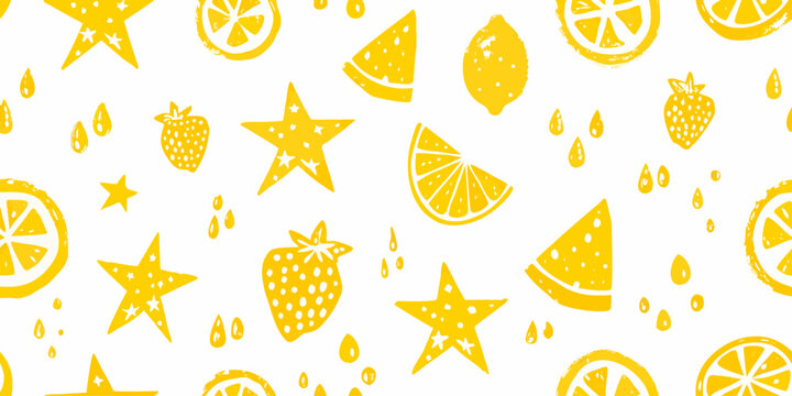 A seamless horizontal pattern of hand-drawn fruity elements on a white background, doodle crayon sketch pattern.