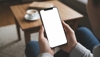 Person Holding Smartphone with Blank Screen Mockup. Hands Holding Mobile Phone with Empty Screen for Copy Space. Close-up of Man Using Smartphone Indoors