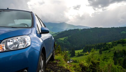 Blue car parked on scenic mountain overlook, ready for adventure and exploration