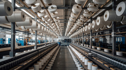 Naklejka premium A long shot of a textile factory with rows of spools of thread and machinery in operation inside the building textile