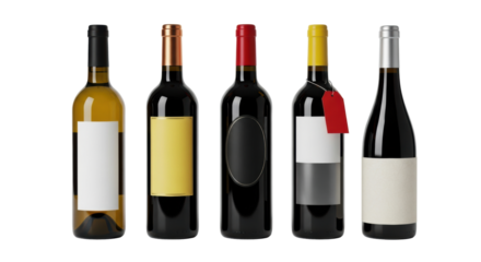 Five distinct wine bottles, varying shapes & glass, unique blank labels, different caps, one with red tag, on transparent, copy space, studio lit, concept for premium product branding