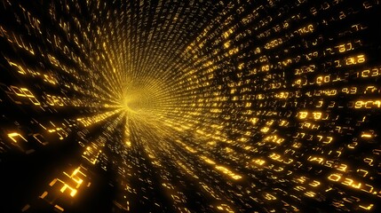 Glowing digital tunnel of numbers creates mesmerizing and futuristic scene, evoking sense of motion and technology. golden hues add warm, dynamic feel to abstract design