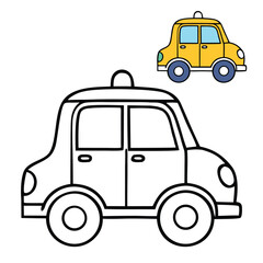 Naklejka premium A fun cartoon taxi coloring page featuring a cheerful cab with big wheels and a friendly face, ready for kids to color and bring it to life with bright shades. 