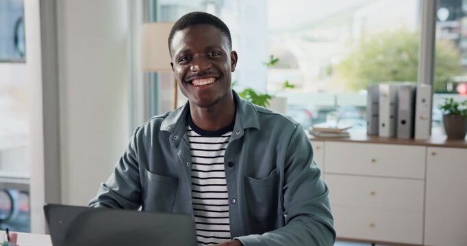 Face, laptop and black man in office, smile and creative agency with research for article. African person, happy employee and journalist with pc, column writer and email with subscription or planning