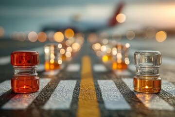 Colorful lights on airport runway create vibrant and dynamic scene, with blurred background showing airplane. focus on lights highlights their importance in guiding aircraft safely