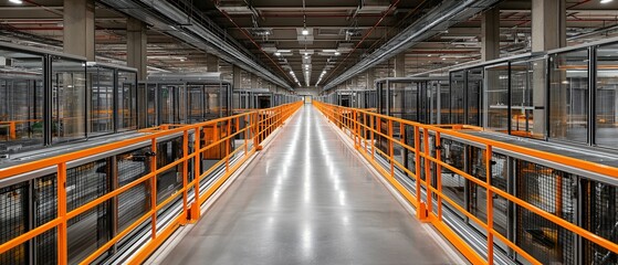 Fototapeta premium Modern industrial facility features long corridor with bright orange railings and stacked machinery lines, creating futuristic and efficient atmosphere