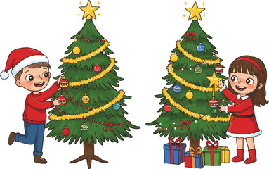 Cartoon boy and girl decorating Christmas trees with ornaments, gifts, lights, stars and garlands, happy festive holiday winter celebration illustration