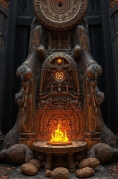 Pagan altar of Pre-Columbian era, ancient stone, vibrant flames, spiritual setting