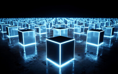 Fototapeta premium A group of glowing blue cubes in a dark futuristic setting