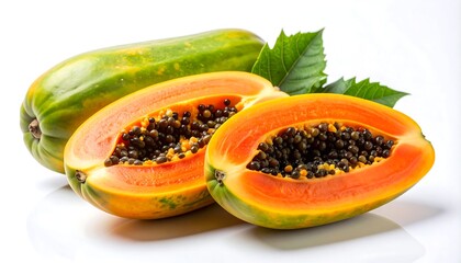 Fresh papaya halves and whole fruit