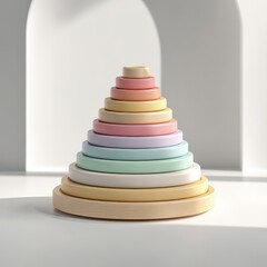 Pastel Wooden Stacking Rings - Montessori Toy Pyramid in Soft Light, Minimalist Aesthetic.