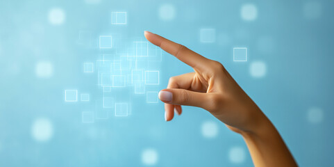 Hand touching digital interface with floating squares and blue background, clean background photo