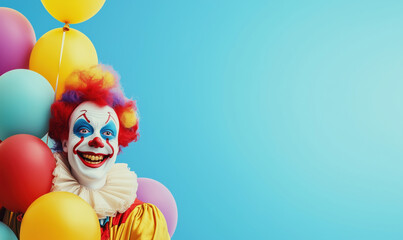 Colorful clown with balloons smiling against bright blue background, flat lay composition