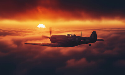Vintage fighter plane soaring through clouds at sunset with dramatic lighting, for template design