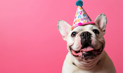 Happy French Bulldog Celebrating Birthday with Colorful Party Hat on Pink Background, image with copy space