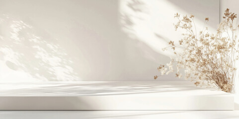 Minimalist white background with dried flowers casting soft shadows, isolated on white background